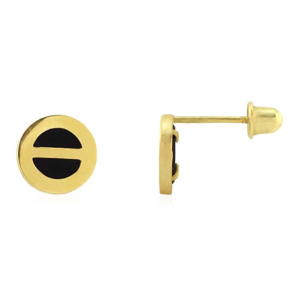Real Onyx Round Button Shaped Scrweback Stud Earrings 14k Yellow Gold