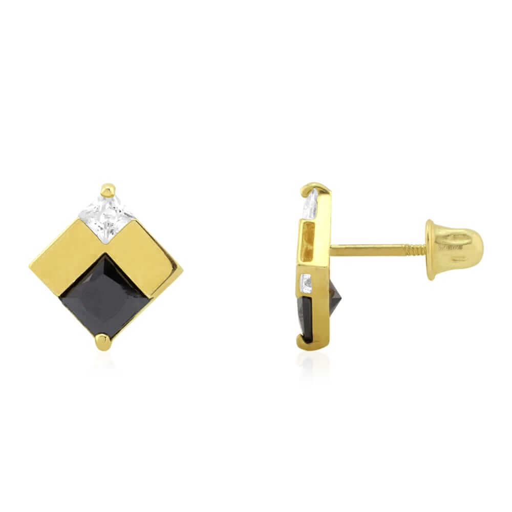Square Real Onyx & CZ Screwback Stud Earrings 14k Yellow Gold