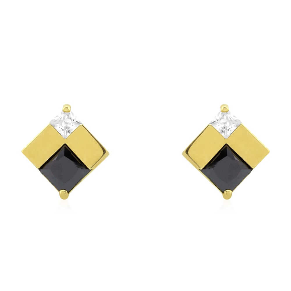 Square Real Onyx & CZ Screwback Stud Earrings 14k Yellow Gold