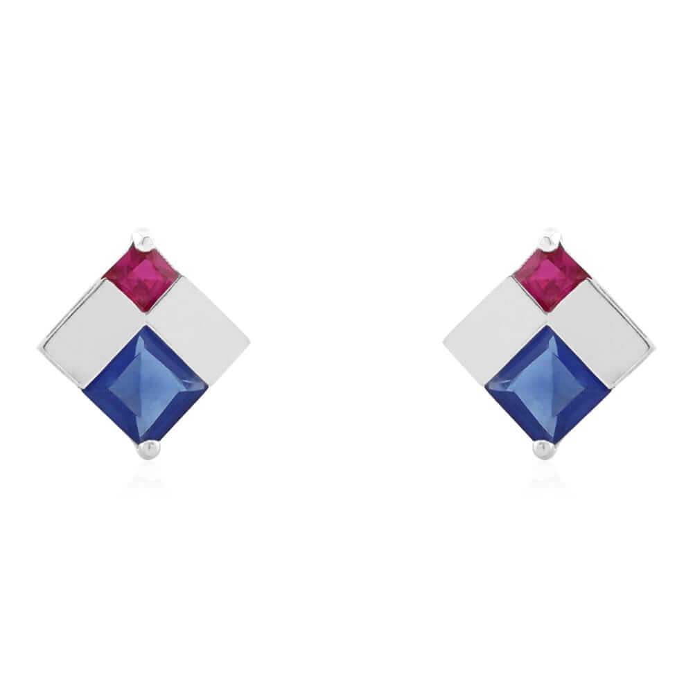 Princess-Cut Sapphire & Ruby Gemstone Screwback Stud Earrings 14k Yellow Gold
