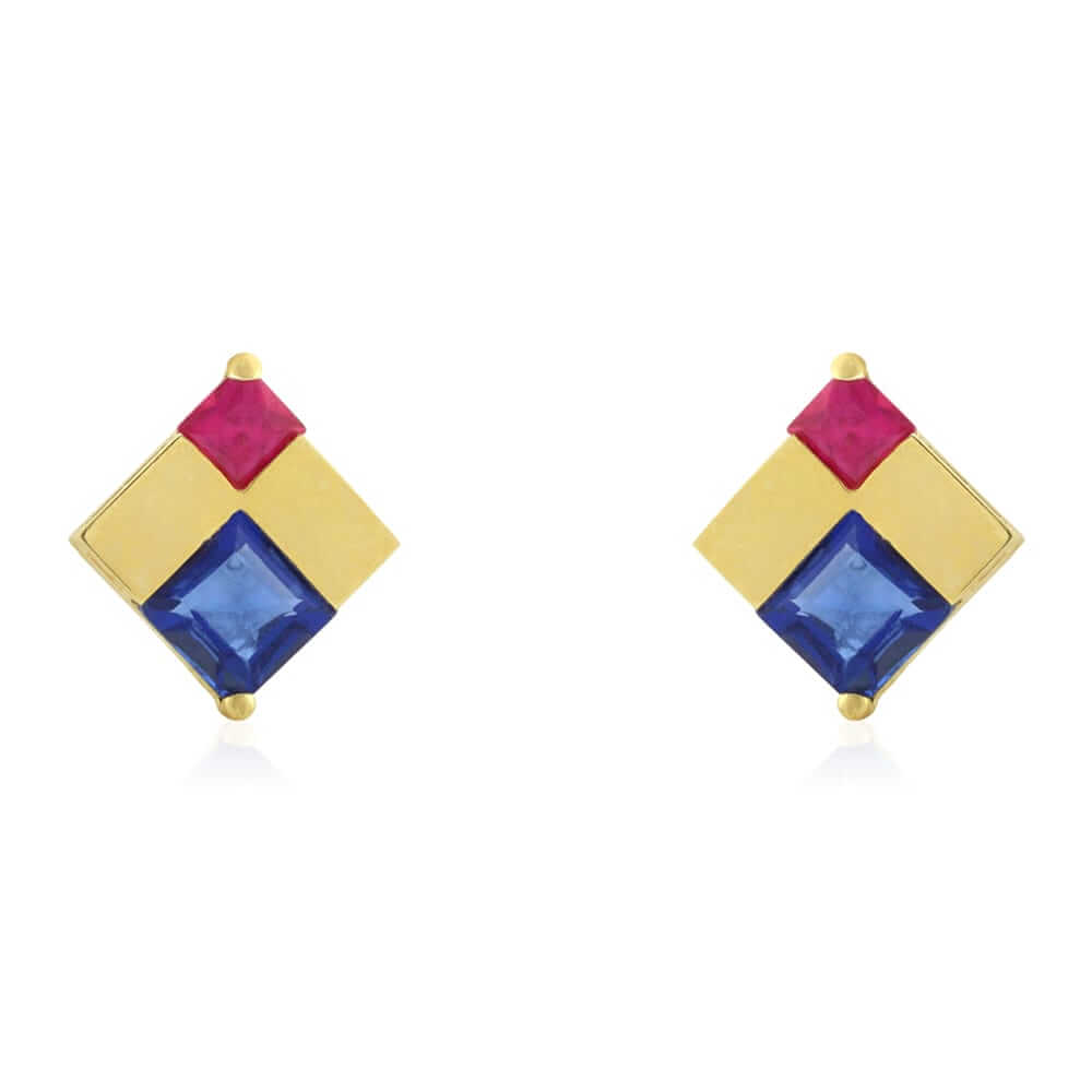 Princess-Cut Sapphire & Ruby Gemstone Screwback Stud Earrings 14k Yellow Gold