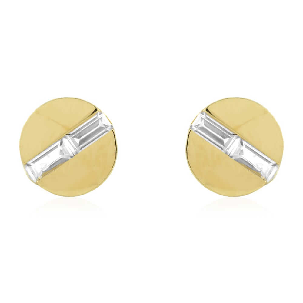 14K Yellow Gold White CZ Button Shaped Screwback Stud Earrings