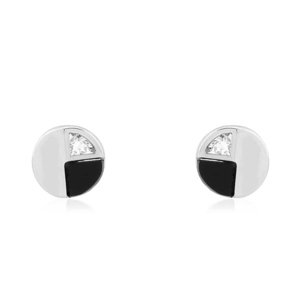 14k Yellow Gold Real Onyx & White Zircon Round Screwback Stud Earrings
