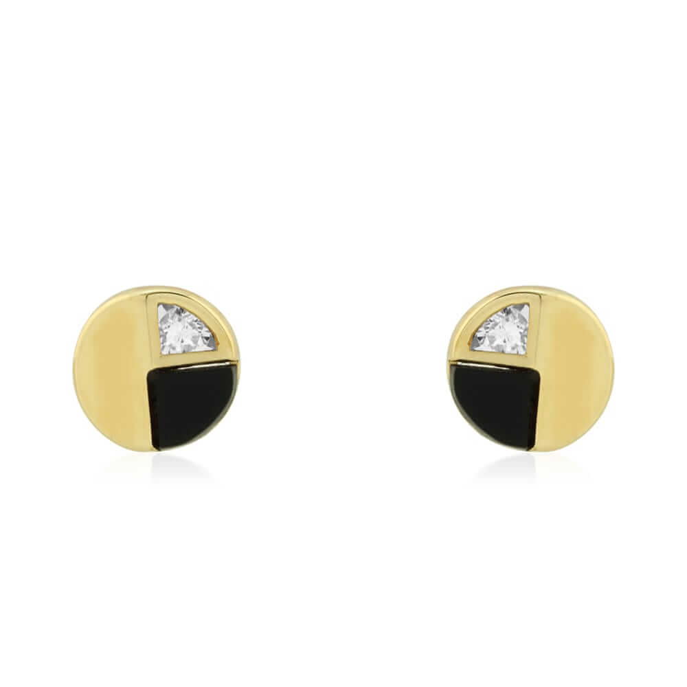 14k Yellow Gold Real Onyx & White Zircon Round Screwback Stud Earrings