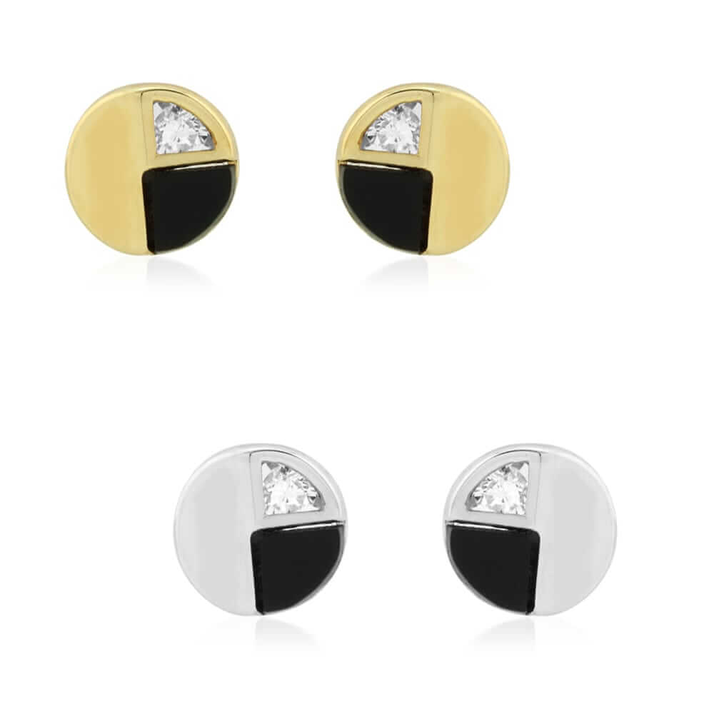 14k Yellow Gold Real Onyx & White Zircon Round Screwback Stud Earrings