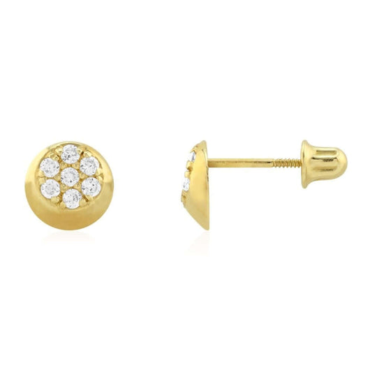 White Zircon Cluster Button Shaped 14k Yellow Gold Stud Screwback Earrings