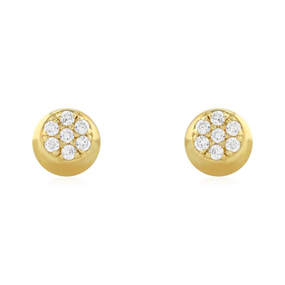 White Zircon Cluster Button Shaped 14k Yellow Gold Stud Screwback Earrings