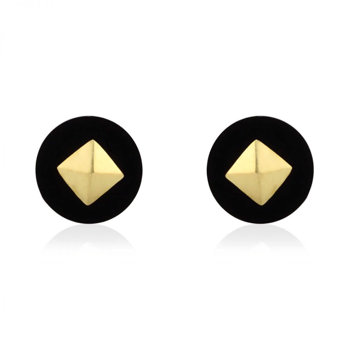 Round Shaped Real Onyx 14k Yellow & White Gold Screwback Stud Earrings
