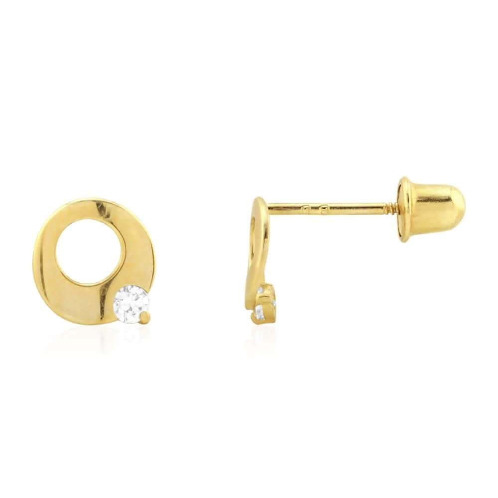 14k Gold Zircon White Gemstone Open Circle Screwback Stud Earrings 7mm