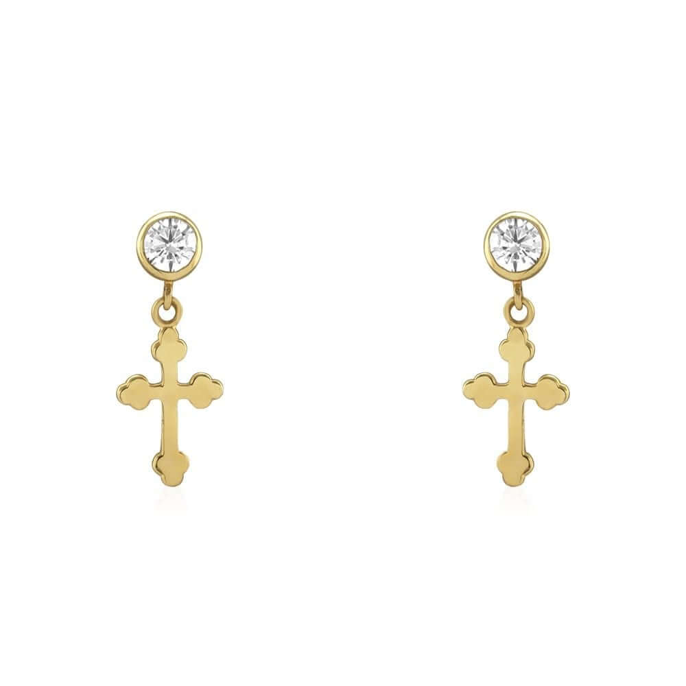 14k Yellow Gold Bezel Zircon Religious Cross Screwback Stud Earrings