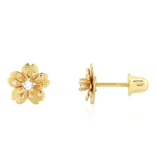 14k Yellow & Rose Gold White Zircon Textured Flower Screw Back Stud Earrings