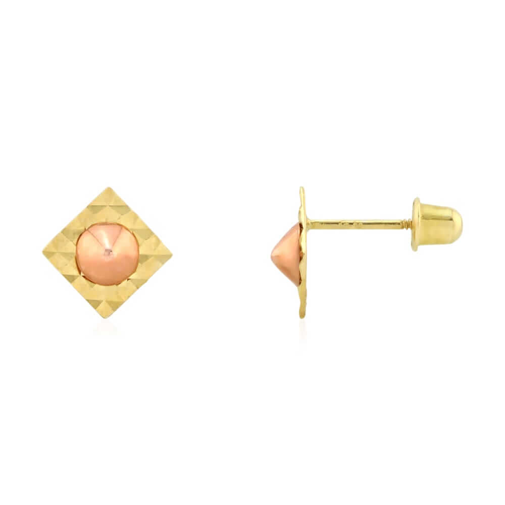 14k Yellow & Rose Gold Diamond-Cut Square Screw Back Stud Earrings