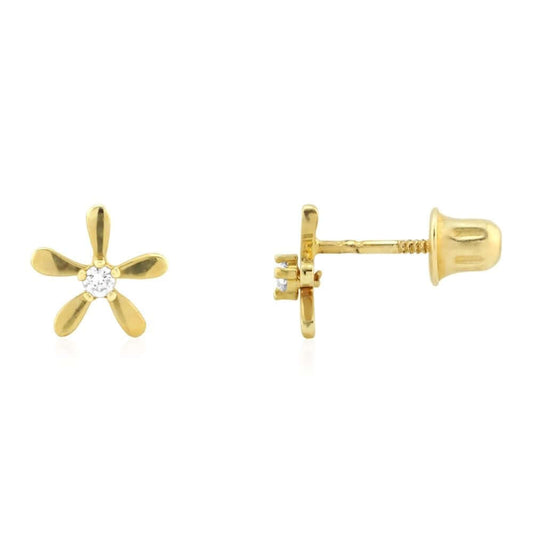 14k Yellow Gold White Zircon Flower Screw Back Stud Earrings