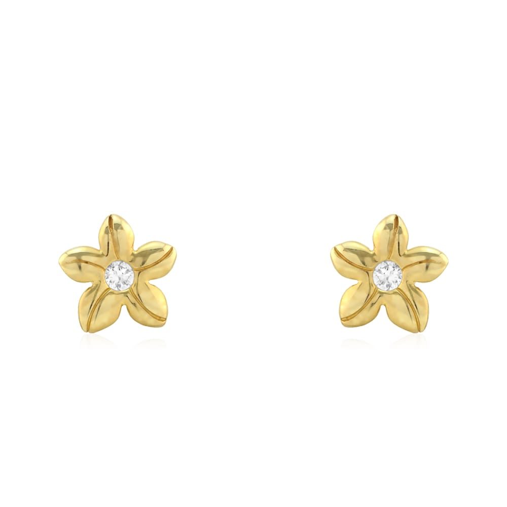 14k Yellow Gold White Zircon Textured Flower Screwback Stud Earrings