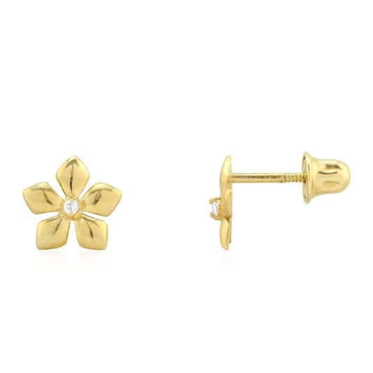 White Zircon Textured Flower Screwback Stud Earrings 14k Yellow Gold