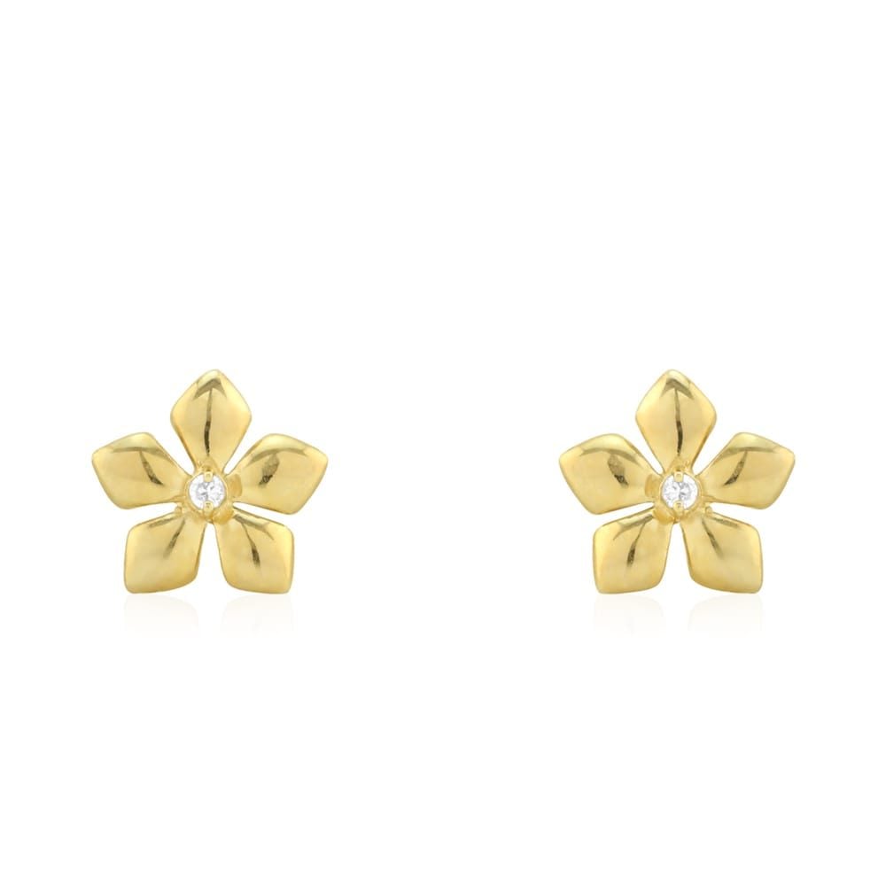 White Zircon Textured Flower Screwback Stud Earrings 14k Yellow Gold