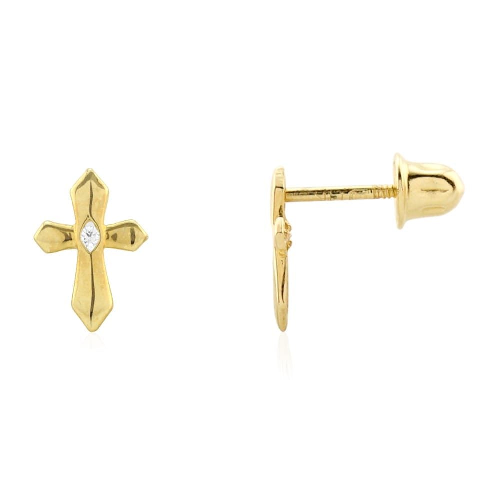 14k Yellow Gold Created Diamond Religious Cross Screw Back Stud Earrings