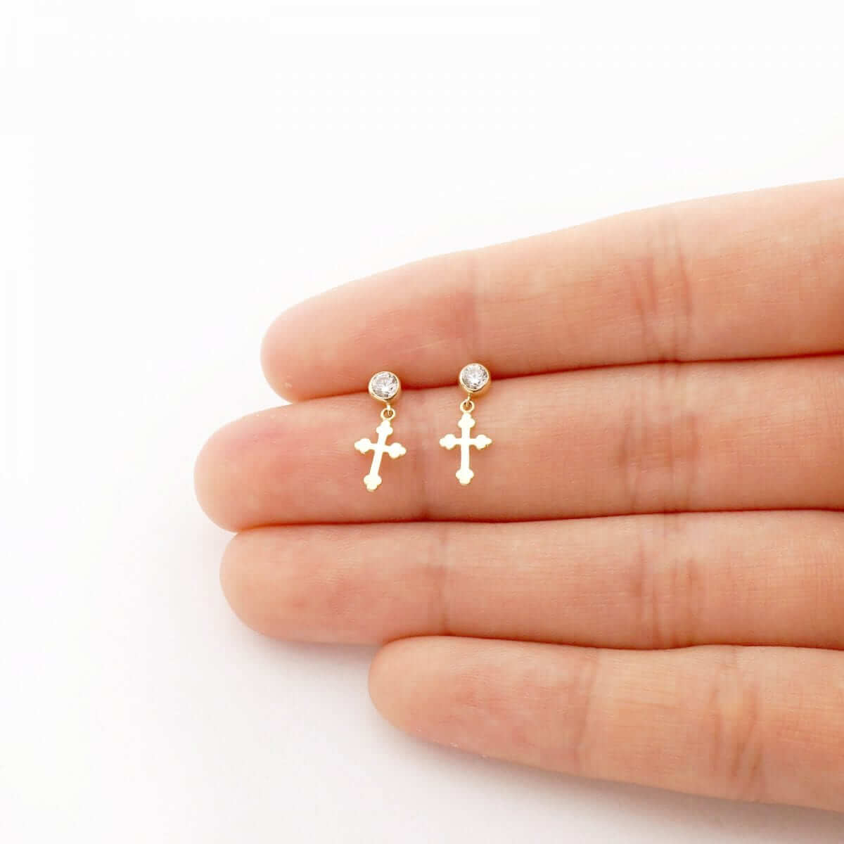 14k Yellow Gold Bezel Zircon Religious Cross Screwback Stud Earrings