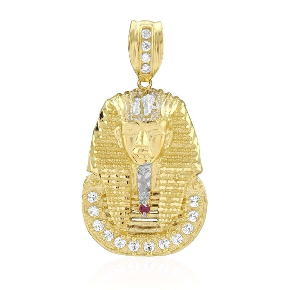 10K Yellow Gold CZ Ruby King Tut Pharaoh Head Pendant 1.1"-2.4"