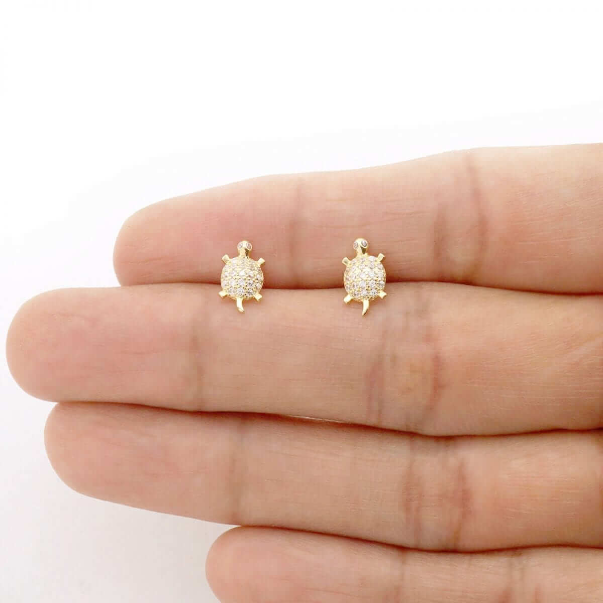 Kids 14K Yellow Gold White Birthstone Turtle Screwback Stud Earrings