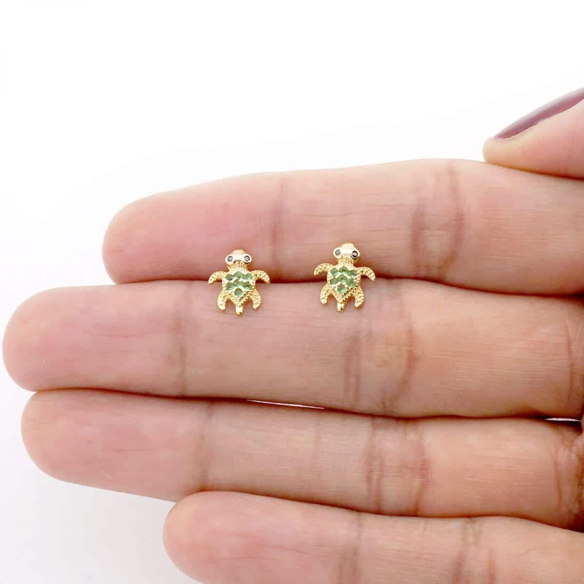 14k Yellow White Gold Birthstone & Onyx Baby Turtle Screwback Stud Kid Earrings