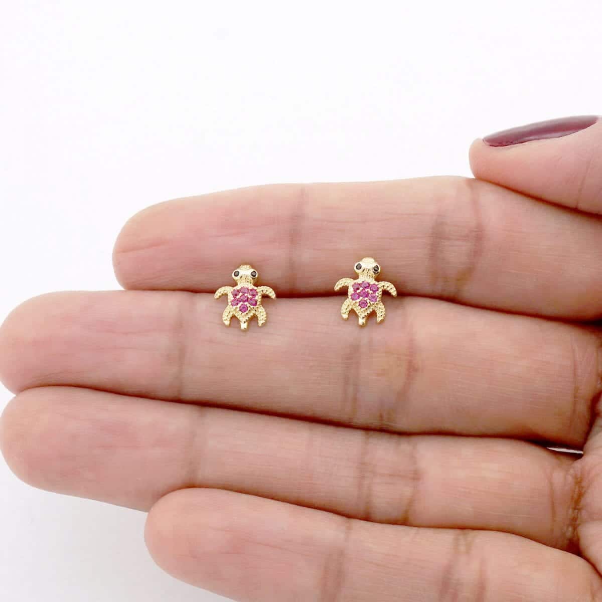 14k Yellow White Gold Birthstone & Onyx Baby Turtle Screwback Stud Kid Earrings