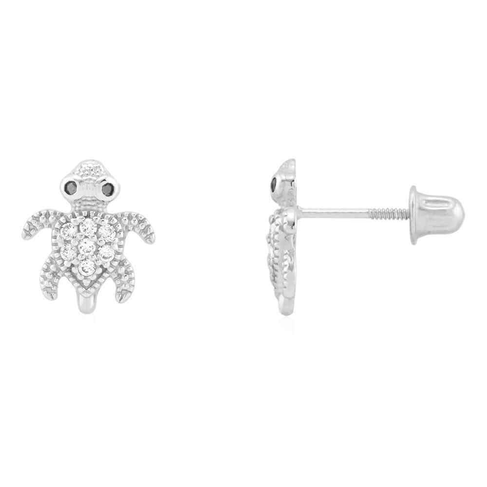 14k Yellow White Gold Birthstone & Onyx Baby Turtle Screwback Stud Kid Earrings