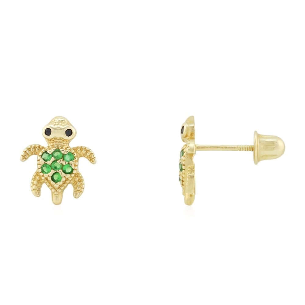 14k Yellow White Gold Birthstone & Onyx Baby Turtle Screwback Stud Kid Earrings