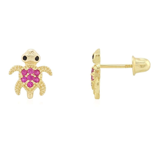 14k Yellow White Gold Birthstone & Onyx Baby Turtle Screwback Stud Kid Earrings