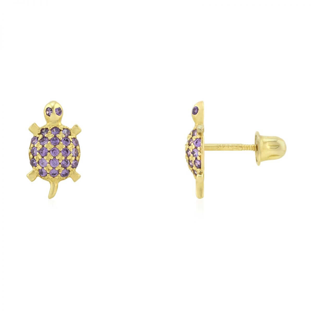 Kids 14K Yellow Gold White Birthstone Turtle Screwback Stud Earrings