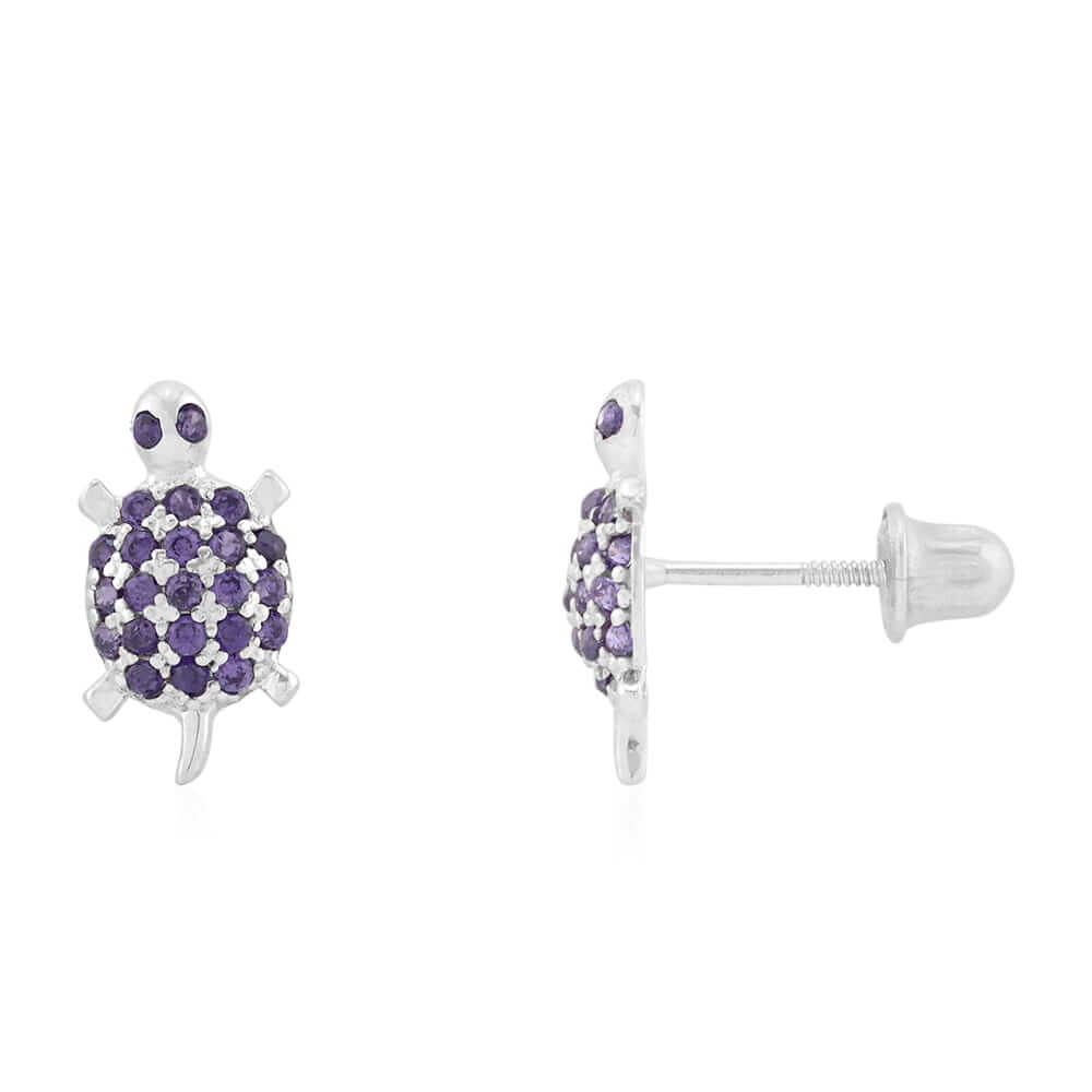 Kids 14K Yellow Gold White Birthstone Turtle Screwback Stud Earrings