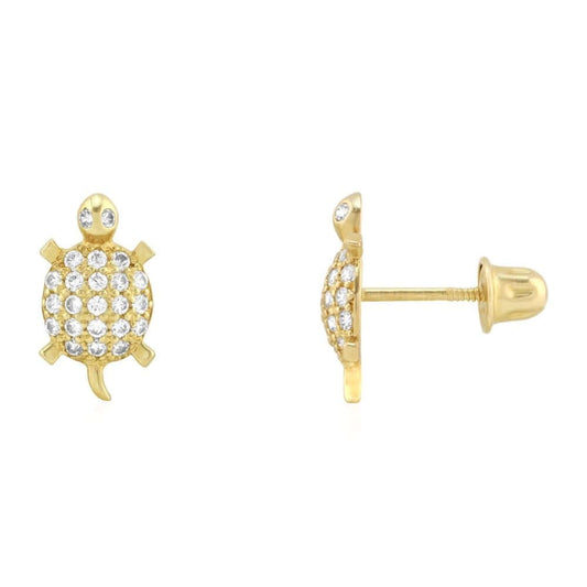 Kids 14K Yellow Gold White Birthstone Turtle Screwback Stud Earrings