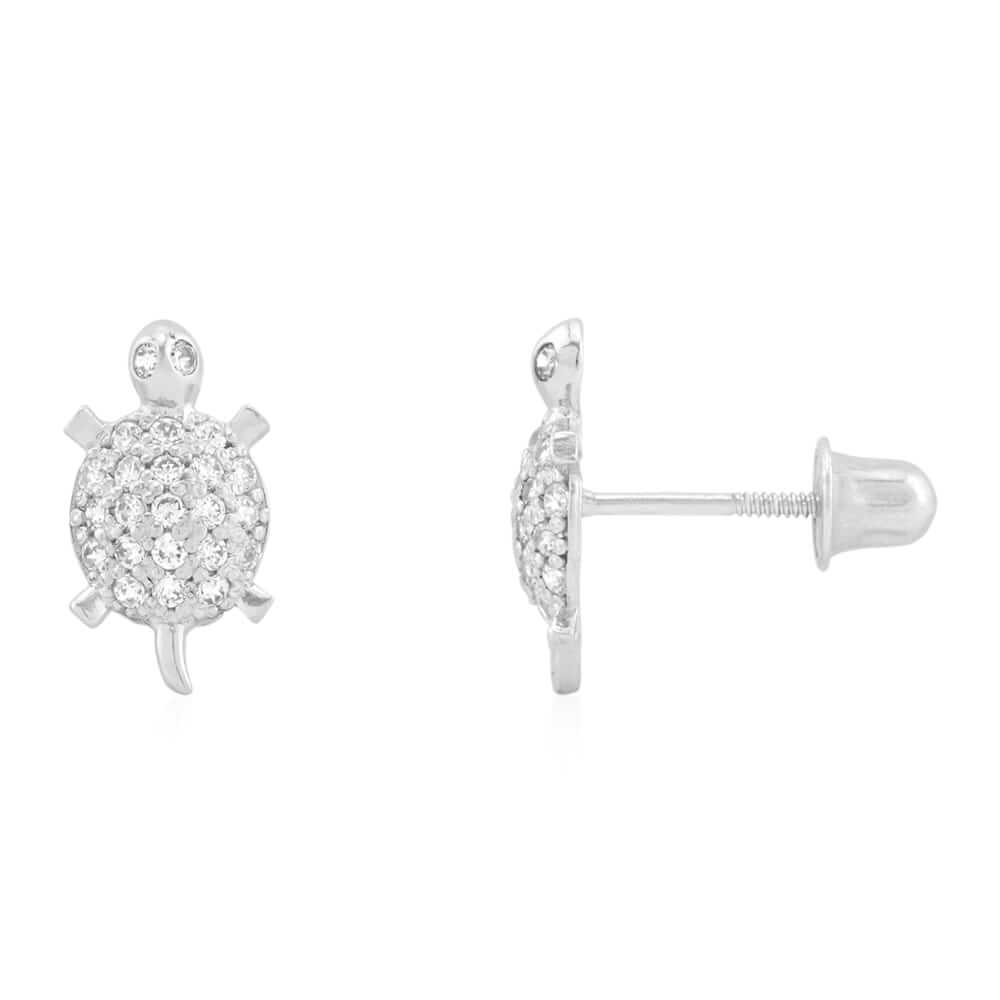 Kids 14K Yellow Gold White Birthstone Turtle Screwback Stud Earrings
