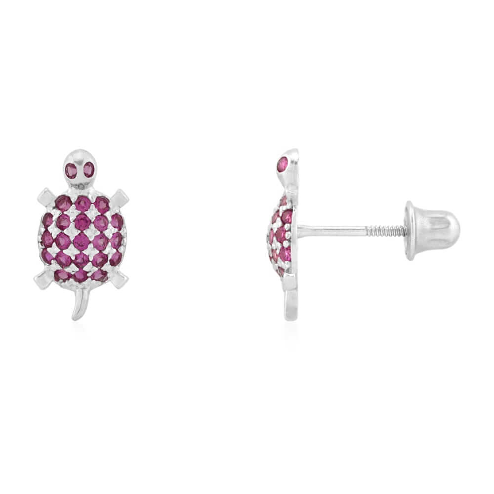 Kids 14K Yellow Gold White Birthstone Turtle Screwback Stud Earrings