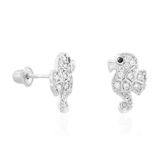Real Onyx & White Zircon Seahorse Screwback Stud Kid Earrings 14k Yellow Gold