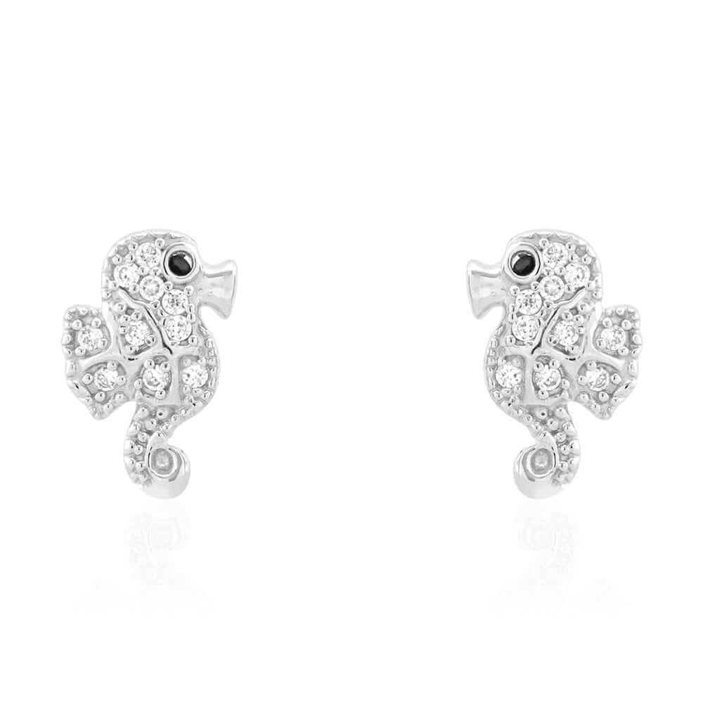 Real Onyx & White Zircon Seahorse Screwback Stud Kid Earrings 14k Yellow Gold