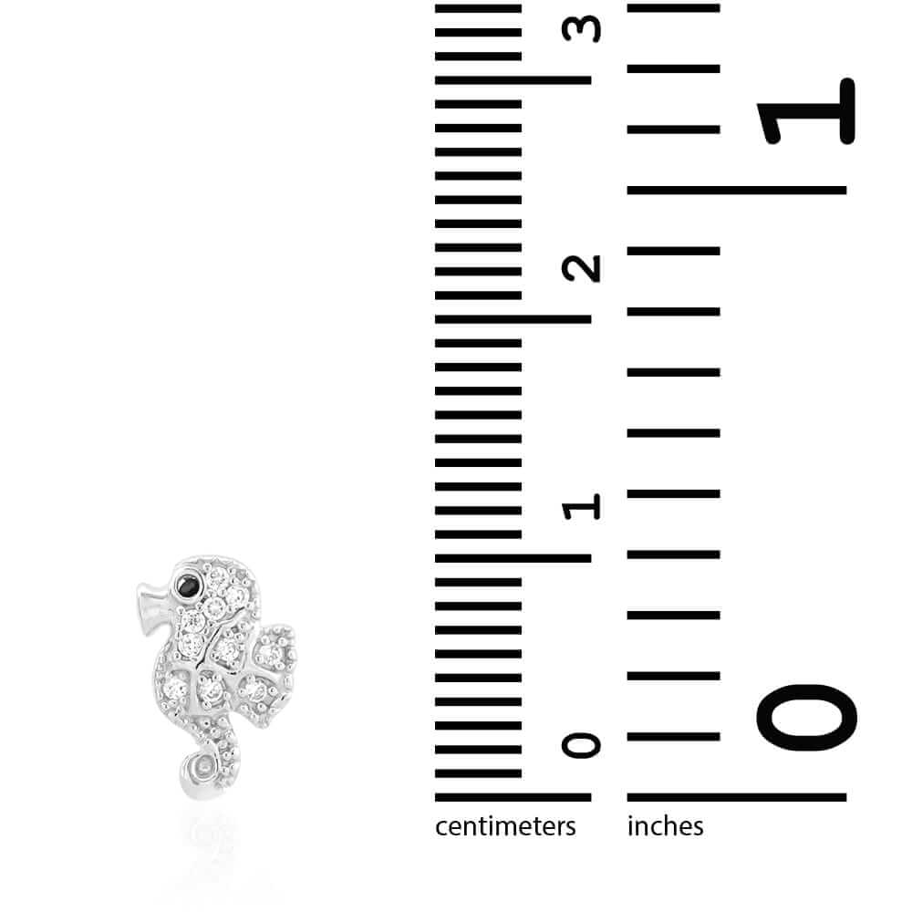 Real Onyx & White Zircon Seahorse Screwback Stud Kid Earrings 14k Yellow Gold