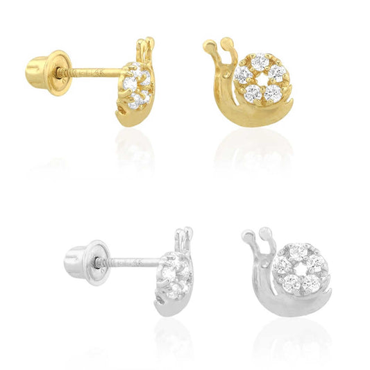 14k Yellow White Gold CZ Snail Screw Back Stud Kid Earrings