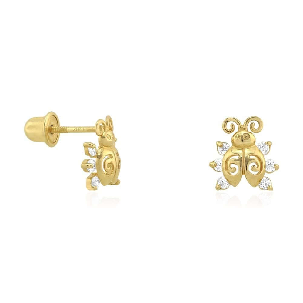 14k Yellow Gold Round-Cut CZ Ladybug Screw Back Stud Kid Earrings