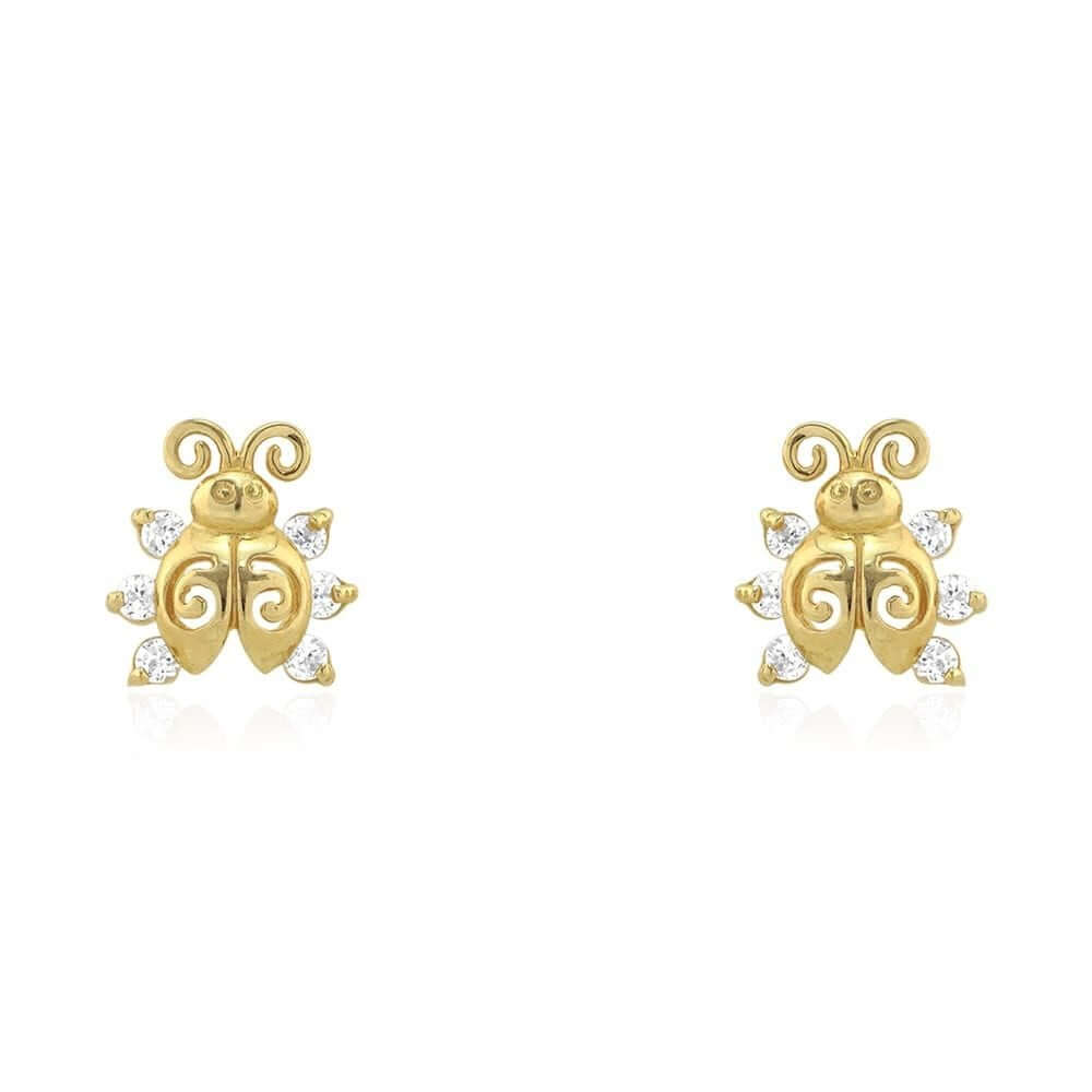 14k Yellow Gold Round-Cut CZ Ladybug Screw Back Stud Kid Earrings