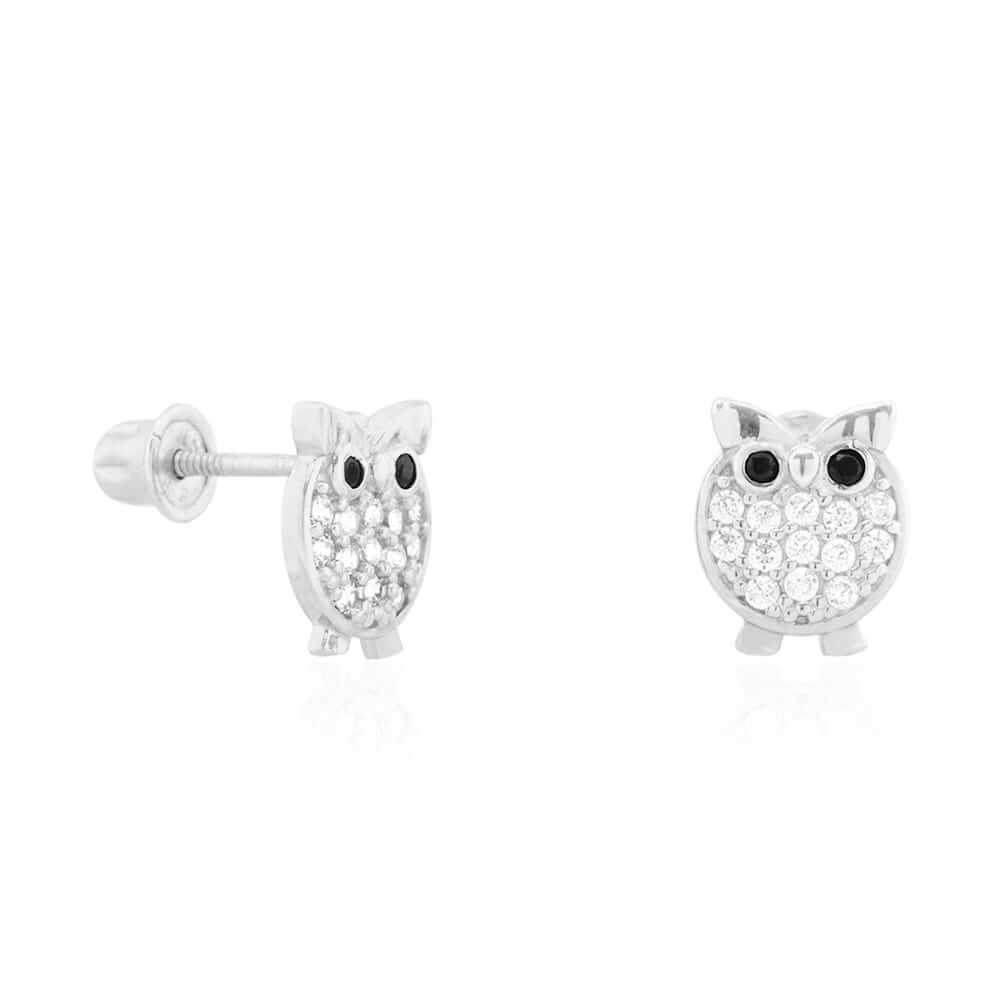 14K Yellow Gold White Simulated Onyx Ruby Owl Screwback Stud Kid Earrings