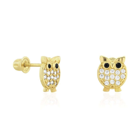 14K Yellow Gold White Simulated Onyx Ruby Owl Screwback Stud Kid Earrings