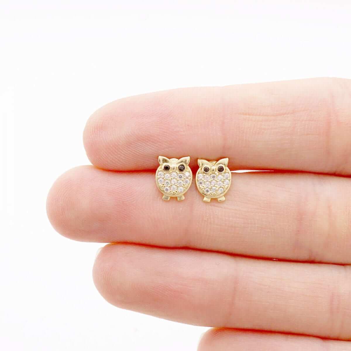 14K Yellow Gold White Simulated Onyx Ruby Owl Screwback Stud Kid Earrings