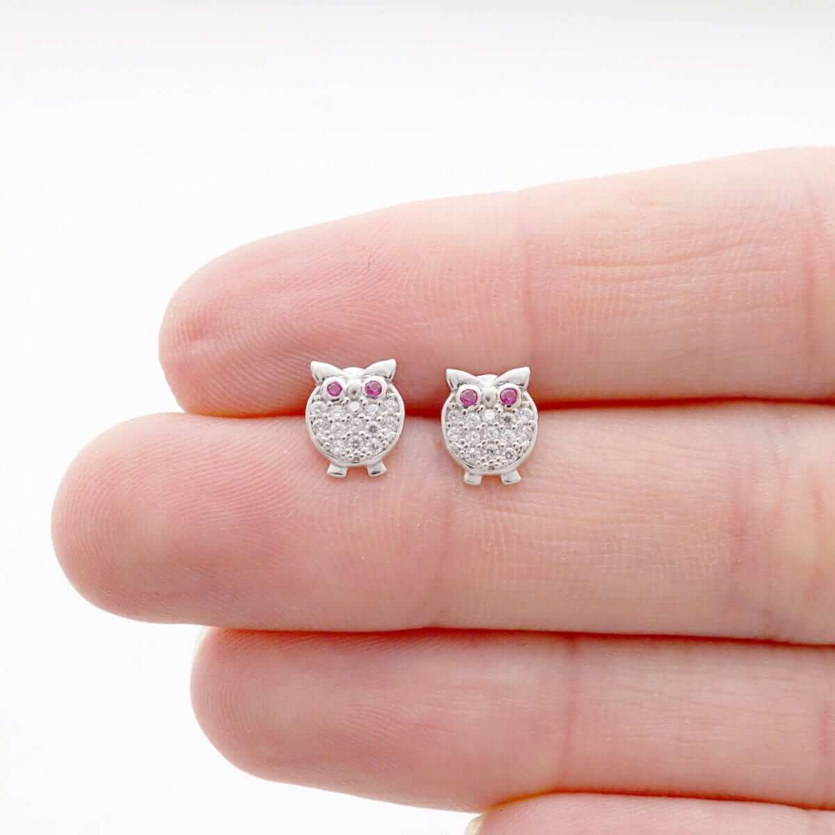 14K Yellow Gold White Simulated Onyx Ruby Owl Screwback Stud Kid Earrings