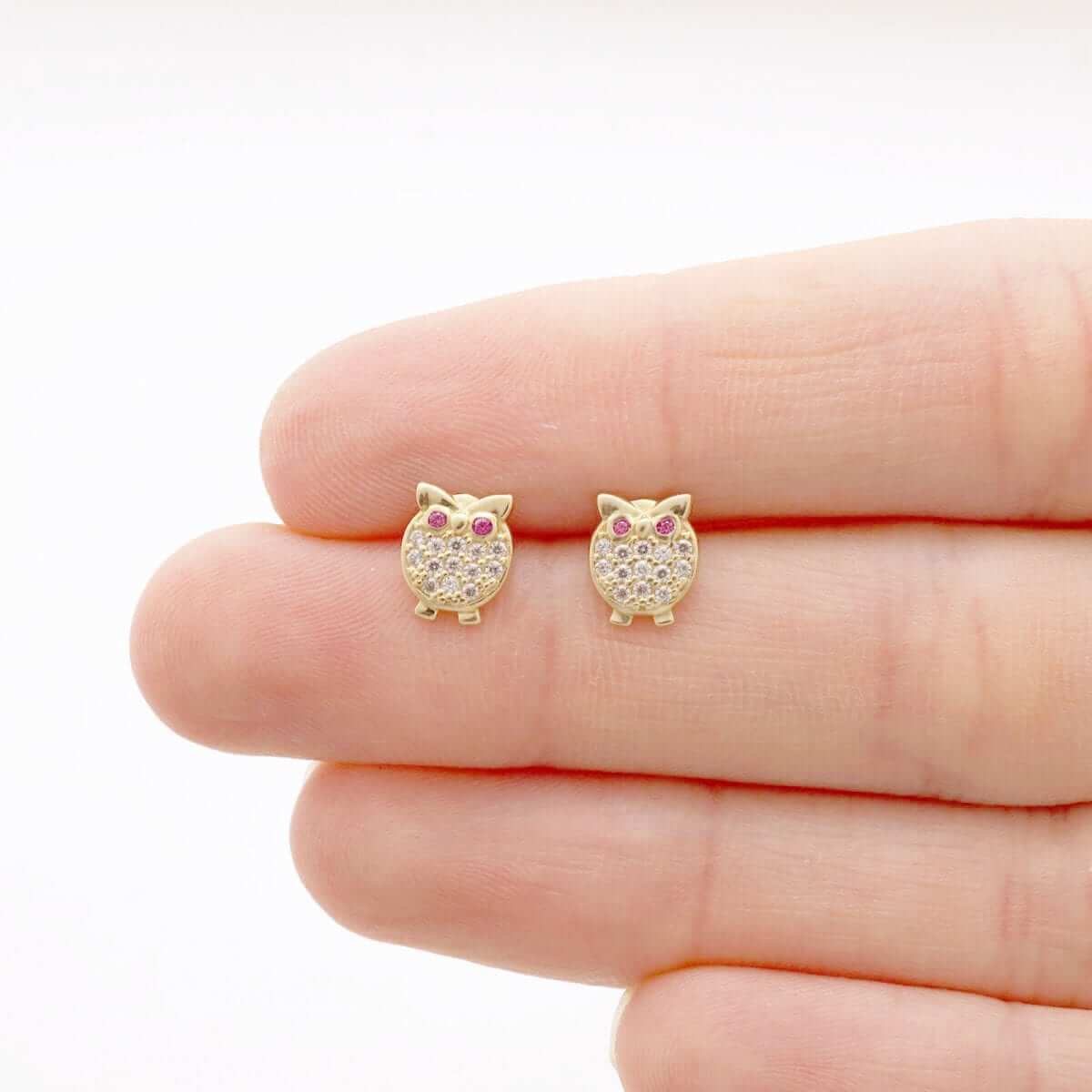 14K Yellow Gold White Simulated Onyx Ruby Owl Screwback Stud Kid Earrings