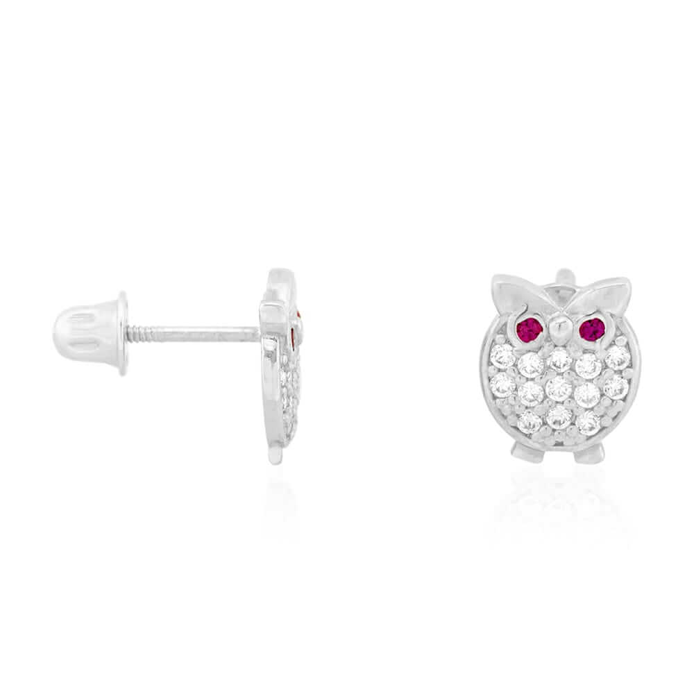 14K Yellow Gold White Simulated Onyx Ruby Owl Screwback Stud Kid Earrings