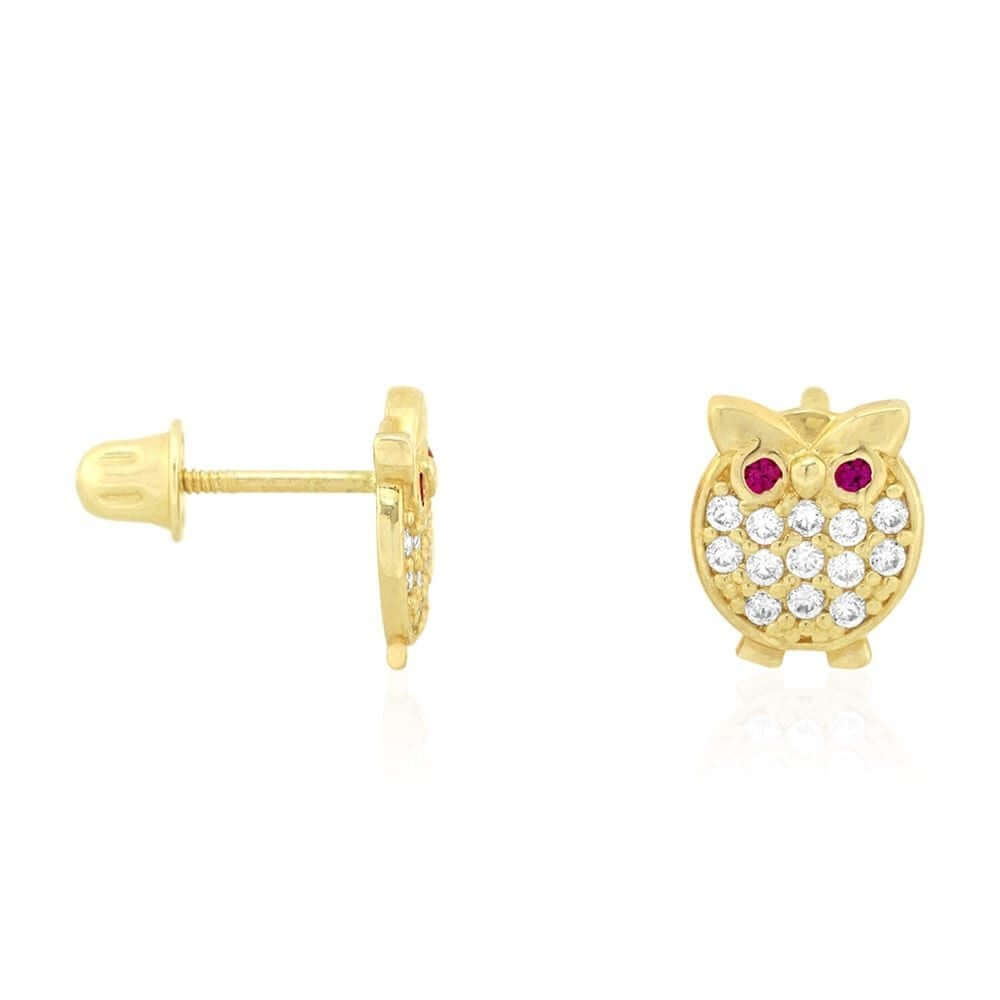 14K Yellow Gold White Simulated Onyx Ruby Owl Screwback Stud Kid Earrings