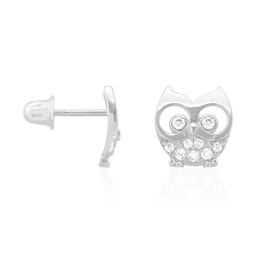 14k Yellow & White Gold Zircon Owl Shaped Screwback Stud Kid Earrings