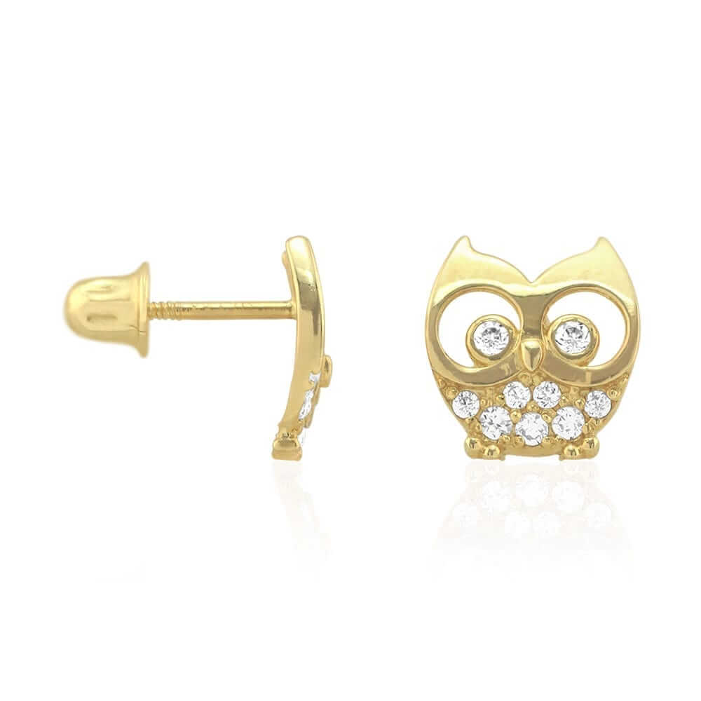 14k Yellow & White Gold Zircon Owl Shaped Screwback Stud Kid Earrings