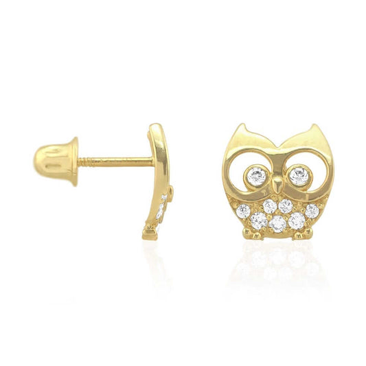 14k Yellow & White Gold Zircon Owl Shaped Screwback Stud Kid Earrings